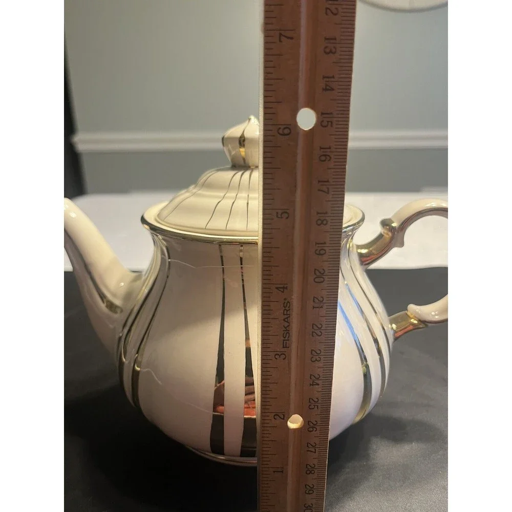 Vintage Sadler Teapot White w Gold Vertical Stripes England 3688